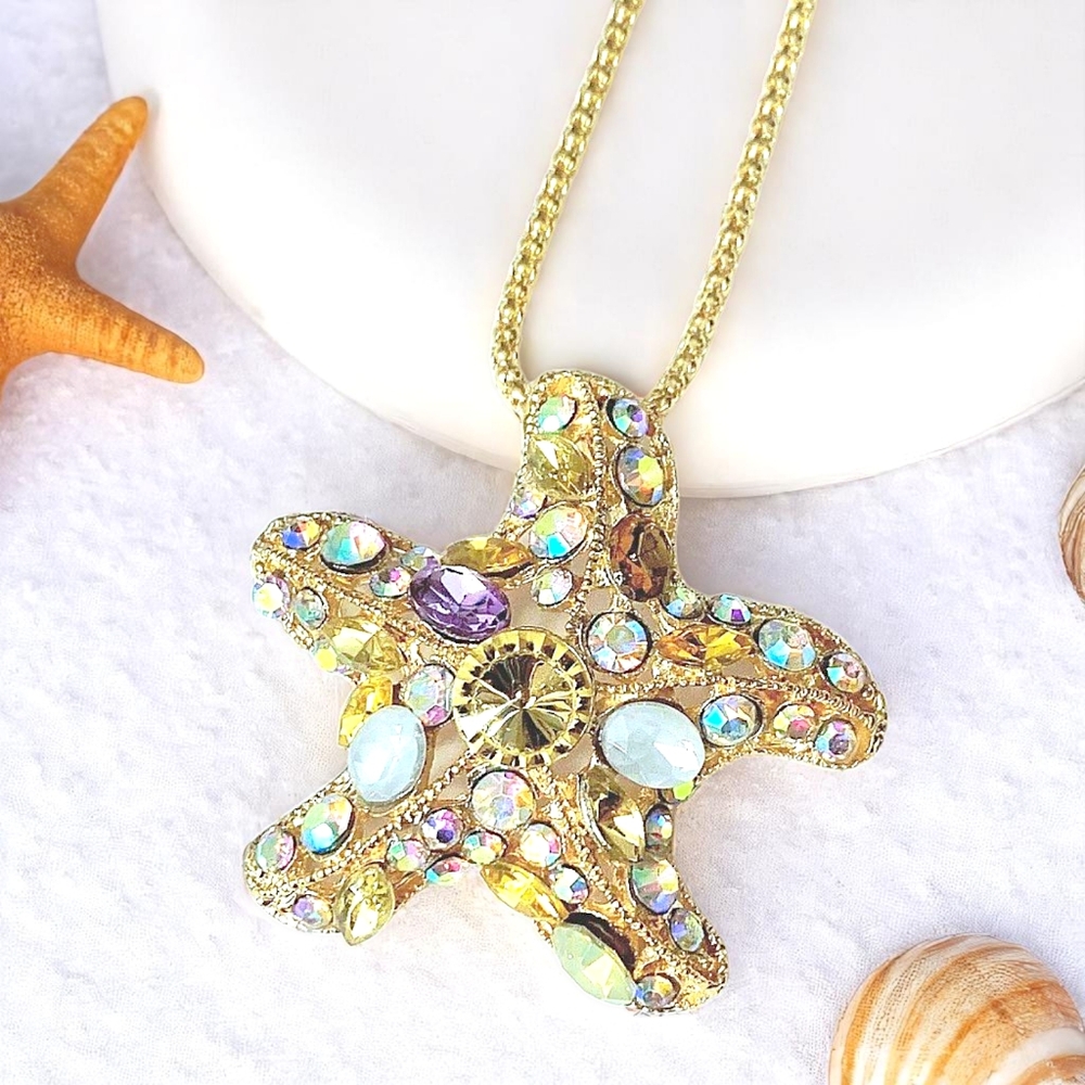 Gold multicolor crystal starfish pendant necklace/brooch